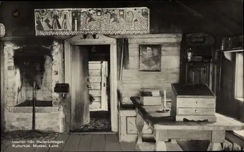 Ak Lund Schweden, Kulturhistoriska Museet, Interiör fran Hallarödstugan