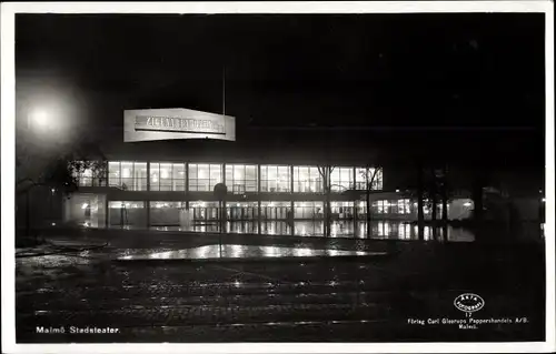 Ak Malmö Schweden, Stadsteater bei Nacht