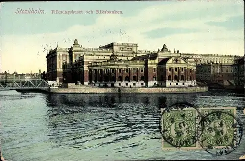 Ak Stockholm Schweden, Riksdagshuset och Riksbanken