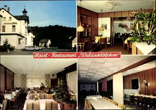 Ak Arnsberg im Sauerland, Restaurant Waldschlösschen, Außen- u. Innenansicht, Esstische, Kegelbahn