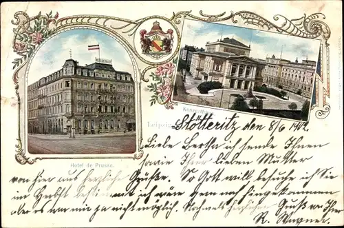 Passepartout Ak Leipzig in Sachsen, Hotel de Prusse, Konzerthaus, Wappen