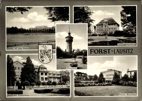 Ak Forst in der Niederlausitz, Stadion mit Jahn Schule, Wasserturm, Konsum Warenhaus, Krankenhaus