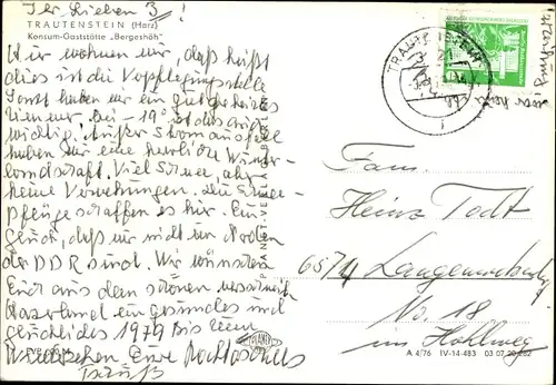Ak Trautenstein Oberharz am Brocken, Konsum-Gaststätte Bergeshöh