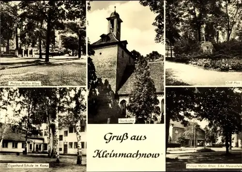 Ak Kleinmachnow Brandenburg, Philipp Müller Allee, OdF Platz, Dorfkirche, Eigenherd Schule im Kamp