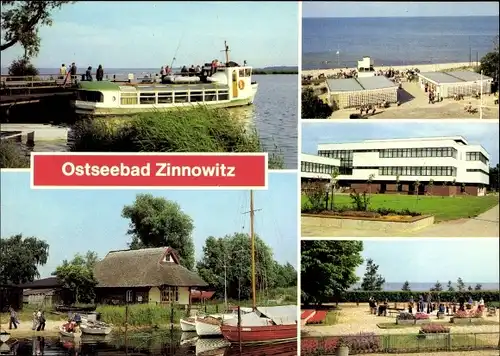 Ak Ostseebad Zinnowitz auf Usedom, Am Achterwasser, Bootshafen, Strand, FDGB Ferienheim IG Wismut