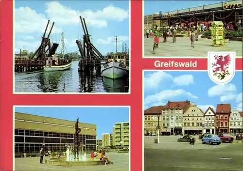 Ak Hansestadt Greifswald, Wiecker Klappbrücke 1887, Kaufhalle 8. Mai, Plastik, Platz d. Freundschaft