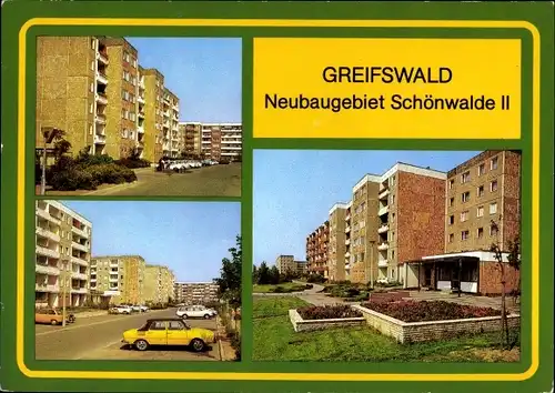 Ak Schönwalde Greifswald, Neubaugebiet II, Autos, Plattenbauten