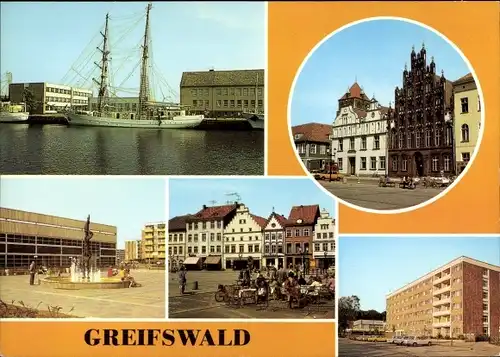 Ak Hansestadt Greifswald, Segelschulschiff Wilhelm Pieck, Platz der Freundschaft, Plastik, HO-Hotel