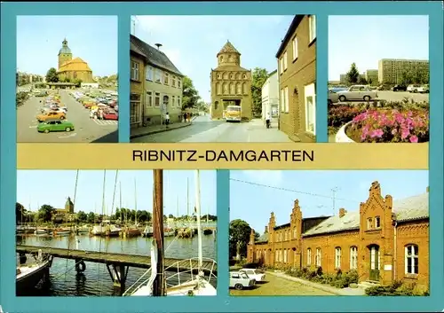 Ak Ribnitz Damgarten, Karl-Marx-Platz, Rostocker Tor, Rigaer Straße, Seglerhafen