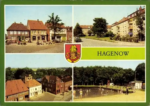 Ak Hagenow in Mecklenburg, Rudolf-Breitscheid-Platz, AWG-Siedlung, Teilansicht, Freibad