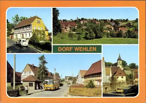 Ak Dorf Wehlen an der Elbe Sächsische Schweiz, Dorfstraße, Bus, Fachwerkhaus, Kirche