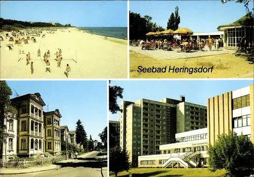 Ak Ostseebad Heringsdorf auf Usedom, Strand, Strandcafe, Eichenweg, FDGB-Urlauberrestaurant