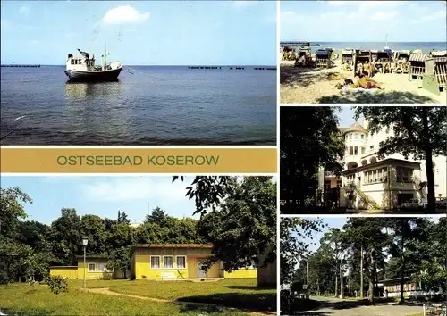 Ak Ostseebad Koserow auf Usedom, Fischkutter, Bungalowsiedlung FDGB-Erholungsheim W. Ulbricht