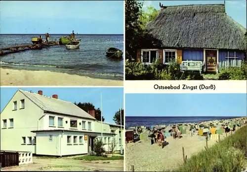 Ak Seeheilbad Zingst an der Ostsee, Fischerstrand, Rohrdachkaten, FDGB Erholungsheim Stranddistel