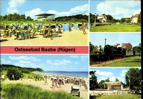 Ak Ostseebad Baabe auf Rügen, HOG Inselparadies, Strand, Strandstraße, Rasender Roland, Konzertplatz