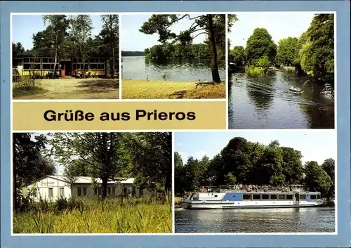 Ak Prieros Heidesee in der Mark, Waldrestaurant Tiefer See, Anglerheim des DAV der DDR, MS Weihe