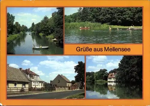 Ak Mellensee Brandenburg, Nottekanal mit Schleuse, Strandbad, Dorfstraße, Gaststätte Seeschenke