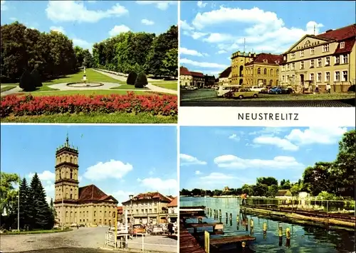 Ak Neustrelitz in Mecklenburg, Stadtpark, Rathaus am Markt, Marktplatz mit Stadtkirche, Zierker See