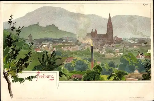 Künstler Litho Kley, Freiburg im Breisgau, Blick über die Dächer der Stadt, Kirche