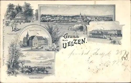 Ak Uelzen in Niedersachsen, Bahnhof, Gleisseite, Postamt, Fischerhof, Heidschnucken