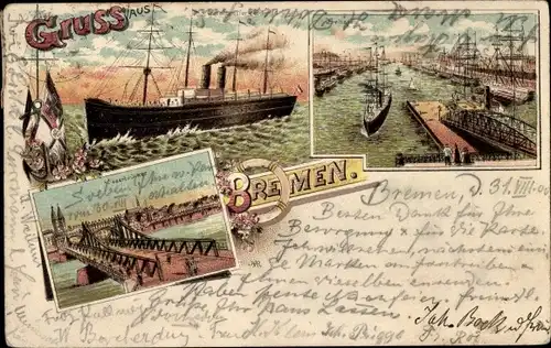 Litho Hansestadt Bremen, Brücke, Dampfer, Hafen