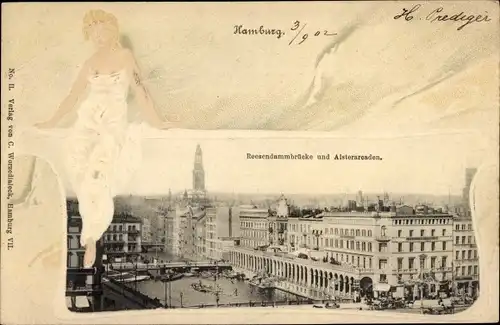 Präge Passepartout Ak Hamburg Mitte Altstadt, Reesendammbrücke, Alsterarcaden