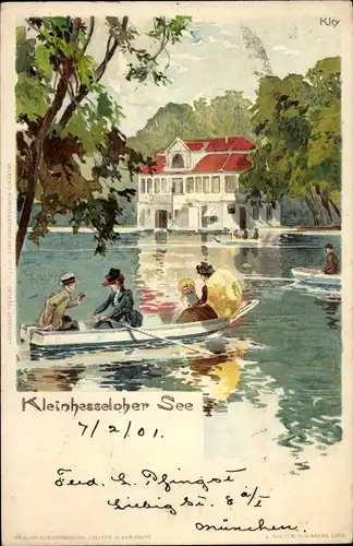 Künstler Litho Kley, Heinrich, München Bayern, Kleinhesseloher See, Ruderboot