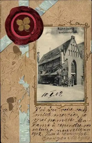 Passepartout Ak Nürnberg in Mittelfranken, Bratwurstglöckl, Siegel, Glücksklee