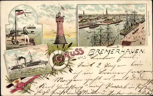 Litho Bremerhaven, Leuchtturm, Hafen, Segelschiffe, Seemann, Najade