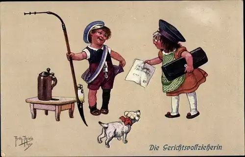 Künstler Ak Thiele, Arthur, Die Gerichtsvollzieherin, Armer Student, Hund, Reservistenpfeife