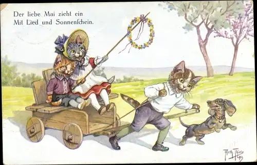 Künstler Ak Thiele, Arthur, Vermenschlichte Katzen, Handwagen, Dackel