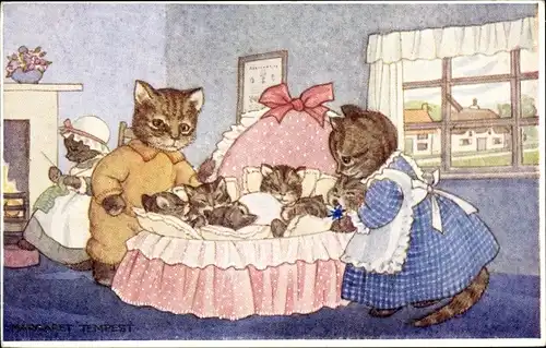 Künstler Ak Tempest, Margaret, Cat's Cradle, vermenschlichte Katzen, Wiege