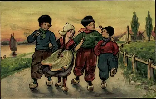 Ak Kinder in niederländischen Trachten, Spaziergang, Pfeifen