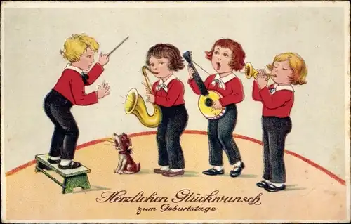 Ak Glückwunsch Geburtstag, Musizierende Kinder, Hund