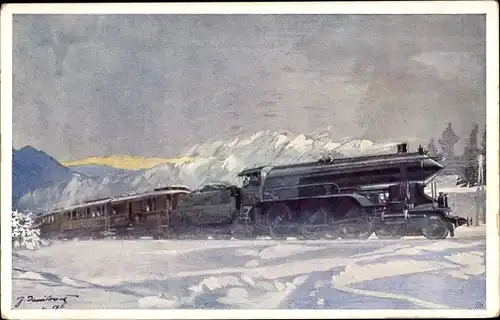 Künstler Ak Eisenbahn, Lokomotive, Winterszene, Schnee