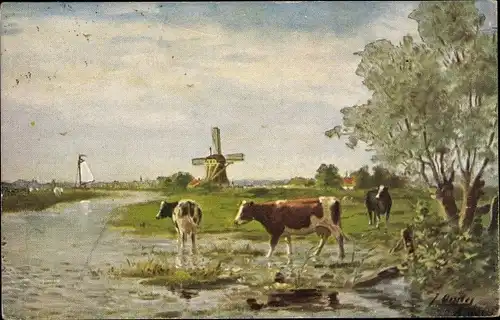 Künstler Ak Kühe am Fluss, Windmühle, Segelboot
