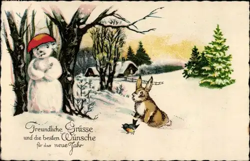 Ak Glückwunsch Neujahr, Schneemann, Hase, Vogel, Tannenbäume