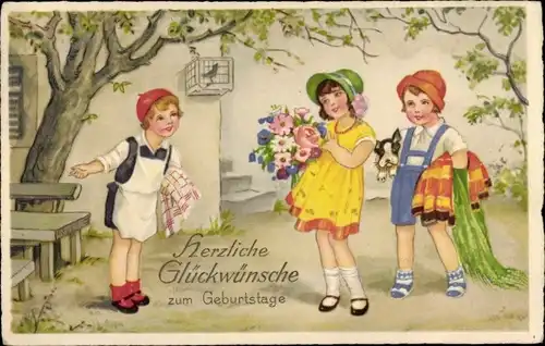 Ak Glückwunsch Geburtstag, Gratulanten, Blumenstrauß, Hund