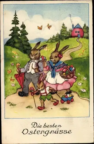 Ak Glückwunsch Ostern, Osterhasen, Familie, Ostereier