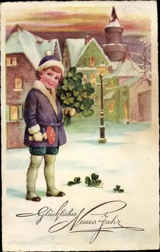 Ak Glückwunsch Neujahr, Kind, Glücksklee, Stadtpartie, Straßenbeleuchtung