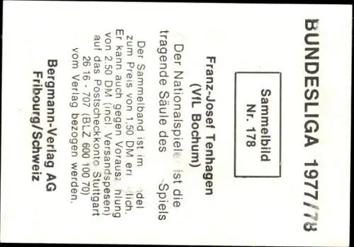 Sammelbild Nr. 178 Franz Josef Tenhagen, Fußballer, Portrait, Autogramm, VfL Bochum