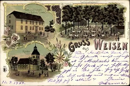 Litho Weisen in der Prignitz, Gastwirtschaft, Kirche