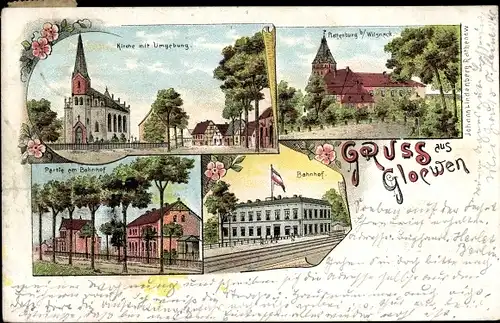 Litho Glöwen Plattenburg in der Prignitz, Kirche, Bahnhof, Gleisseite