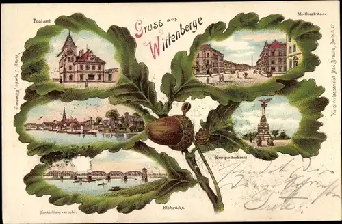 Eichenblatt Litho Hinzdorf Wittenberge an der Elbe Prignitz, Moltkestraße, Postamt, Kriegerdenkmal