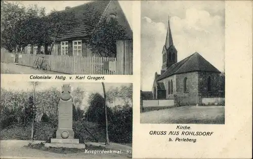 Ak Rohlsdorf in der Prignitz, Kolonialwarenhandlung, Kriegerdenkmal, Kirche