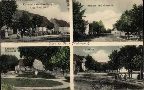 Ak Pirow in der Prignitz, Kolonialwarenhandlung, Gasthof, Kriegerdenkmal