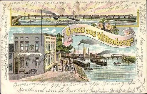 Litho Wittenberge an der Elbe Prignitz, Elbbrücke, Gasthaus R. Genkel vorm. R. Telschow