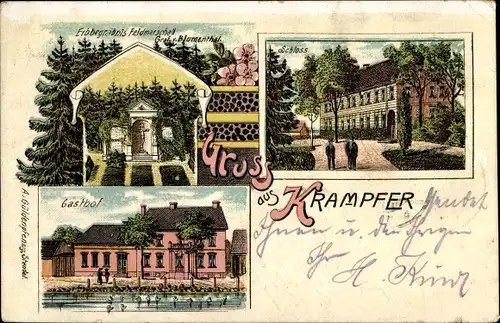 Litho Krampfer Plattenburg in der Prignitz, Erbbegräbnis Feldmarschall Graf von Blumenthal, Gasthof