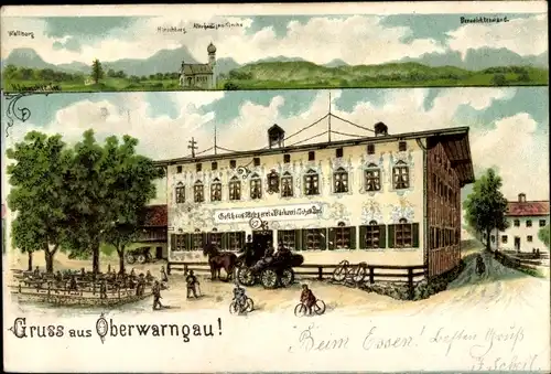 Litho Oberwarngau Warngau in Oberbayern, Gasthaus, Kutsche, Kirche
