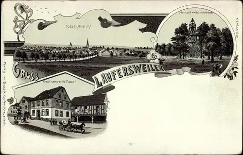 Litho Laufersweiler im Hunsrück, Gasthaus, Totalansicht, Idarkopf, Aussichtsturm